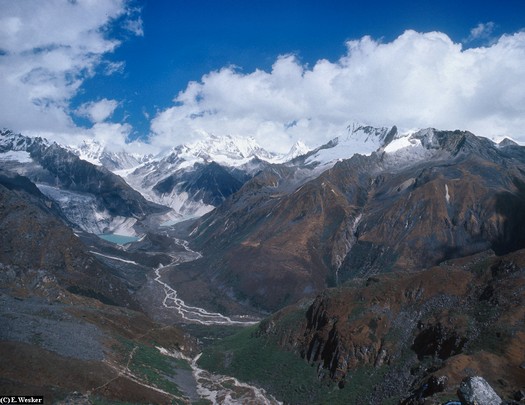 Glacial Lakes at the head of a valley, Bhutan.